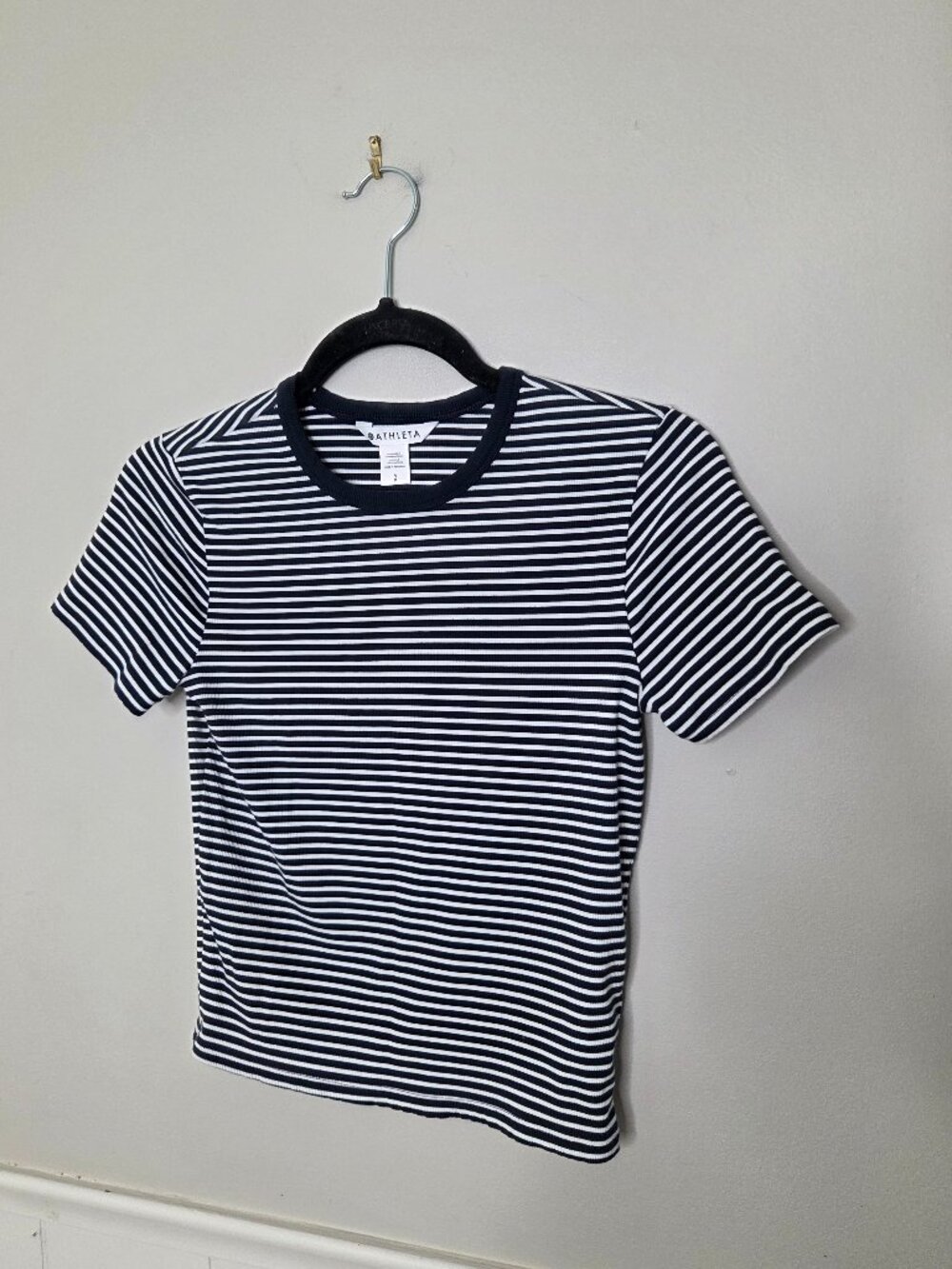 ATHLETA Navy White Stripe Signature Rib Crop Tee